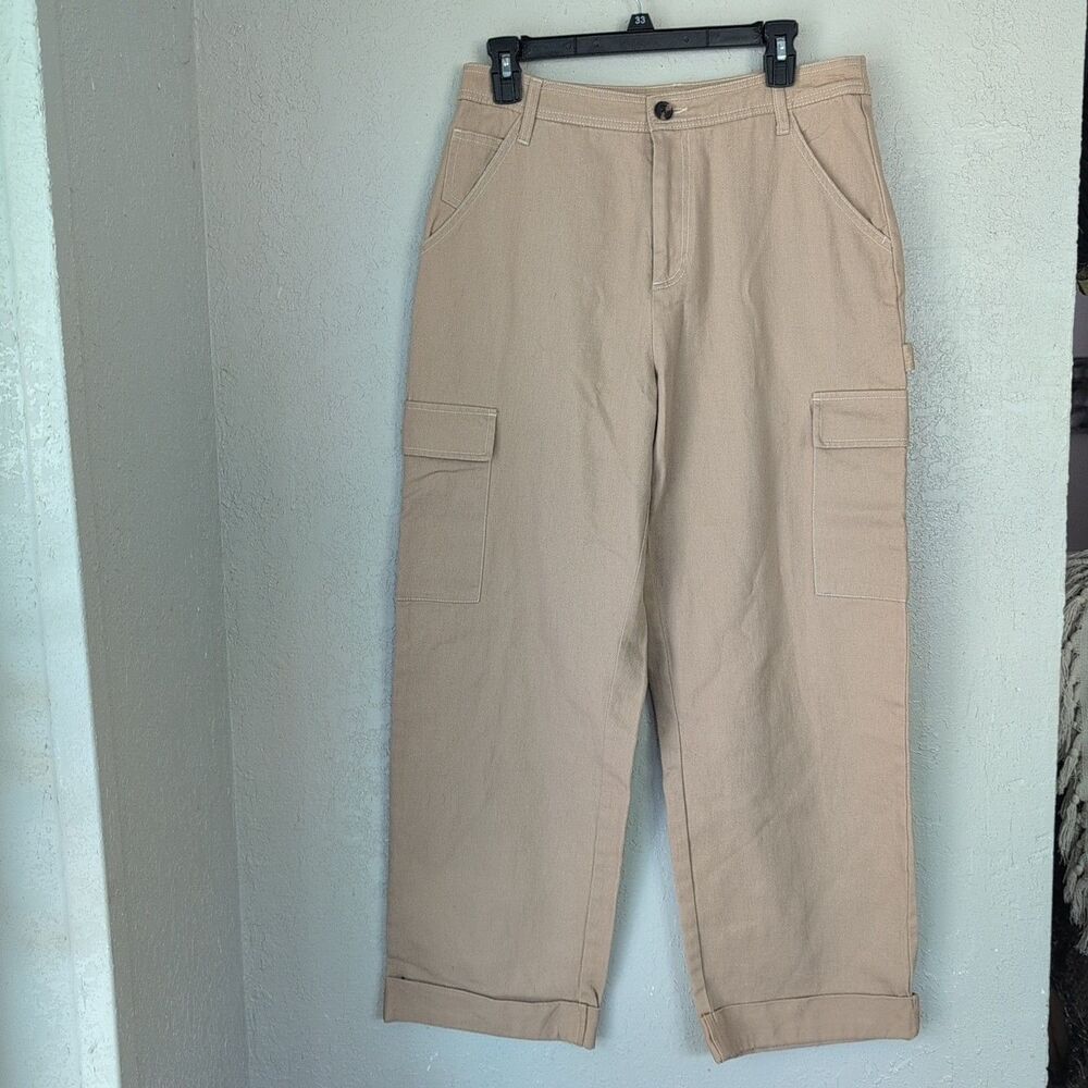 Sandy Liang Women's Size 8 Tan Cargo Cuffed Pants 100% Cotton Office Casual
